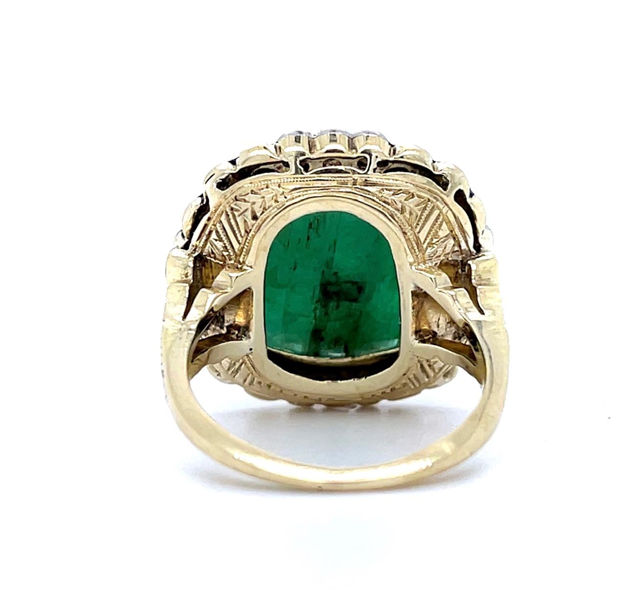 Art Deco 15ct Carved Emerald Vintage 14KY Ring (c 1930s) .50ct Diamonds 6 Size