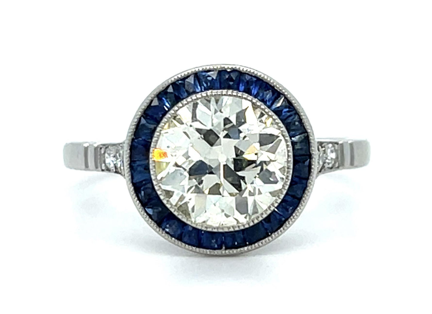 1.85ct Old European Diamond .64ct Sapphire Platinum Handmade Ring 4.30g 7 Size