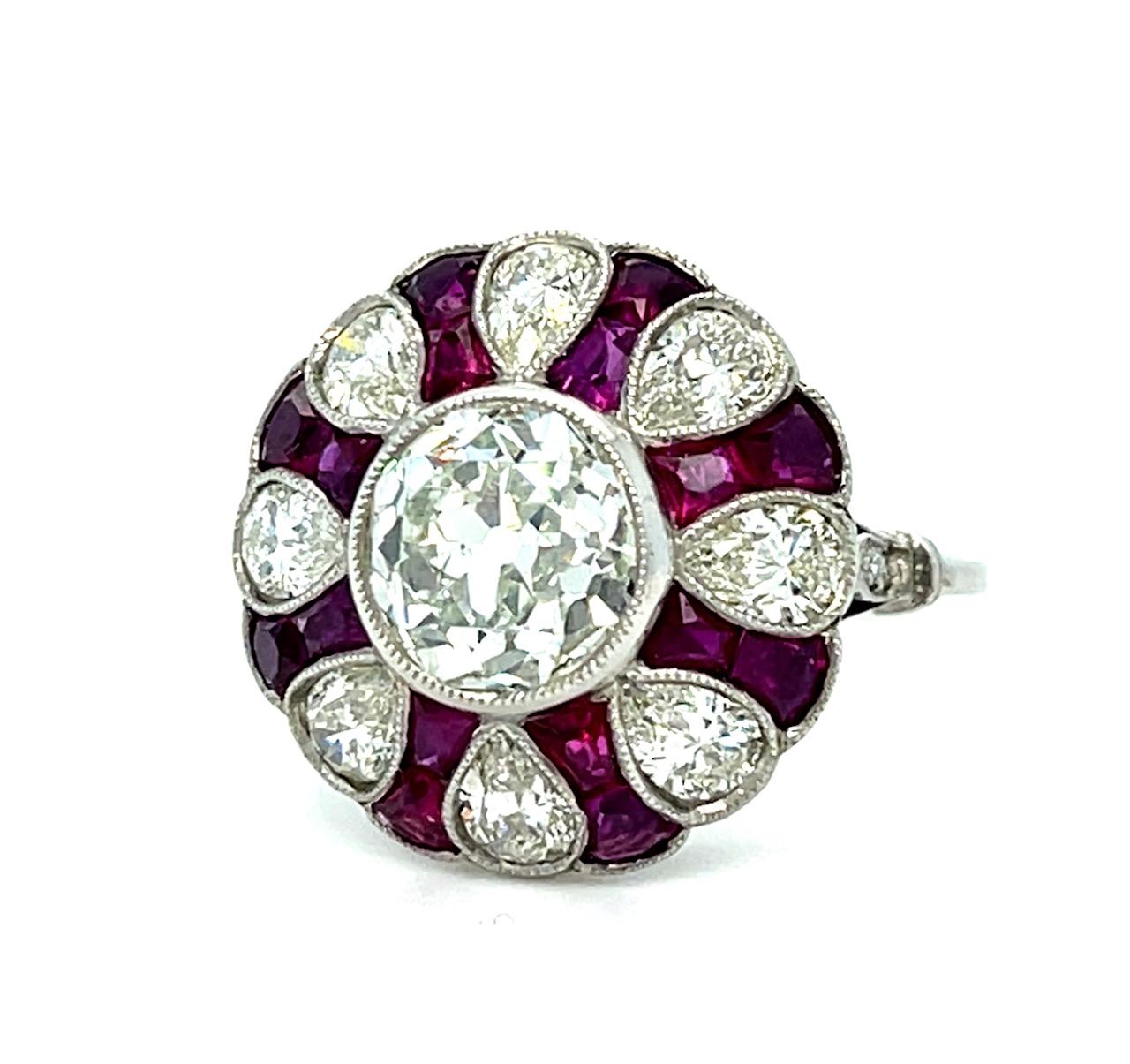 1.73ct Old Mine Diamond 2ct Rubies Platinum Handmade Ring 1.60ct Pear Diamonds