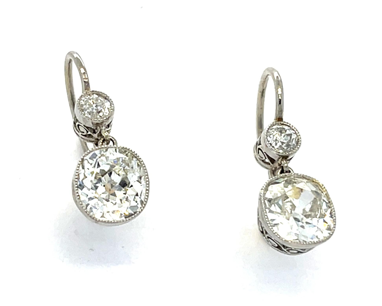 2.95ct Old Mine Cushion Diamonds .30ct SD Platinum+18KY Dangle Earrings 4.13g