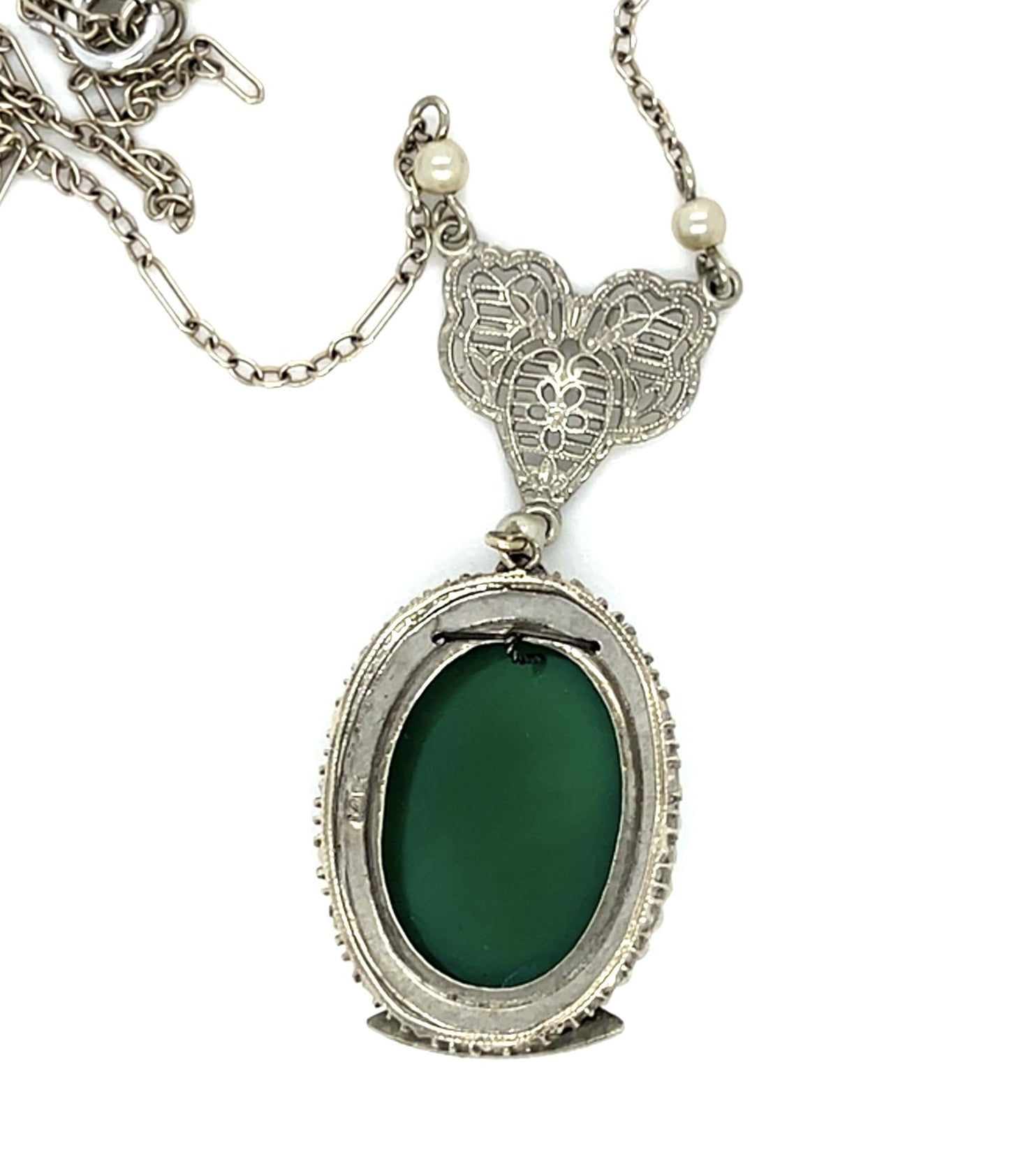 Original Art Deco Green Onyx Natural Sea Pearls 14KY Pendant (Vintage 1930s)
