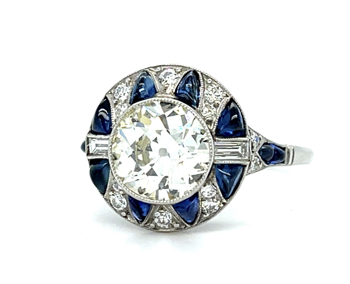 1.75ct Old European Diamond 1.20ct Sapphire Platinum Handmade Ring .44ct SD