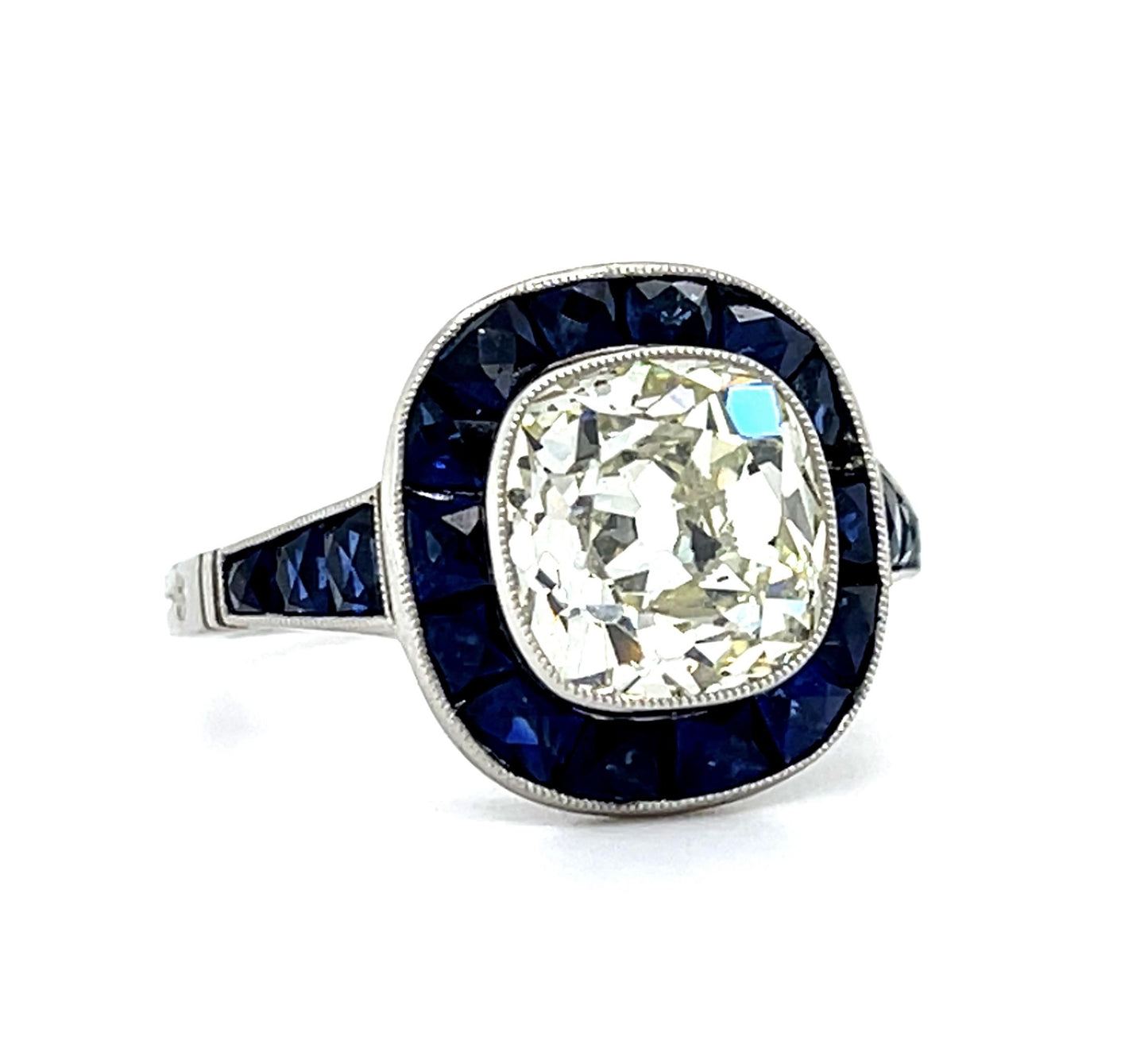 3.01ct K SI3 EGL Old European Cut Diamond 2.30ct Sapphire Platinum Handmade Ring