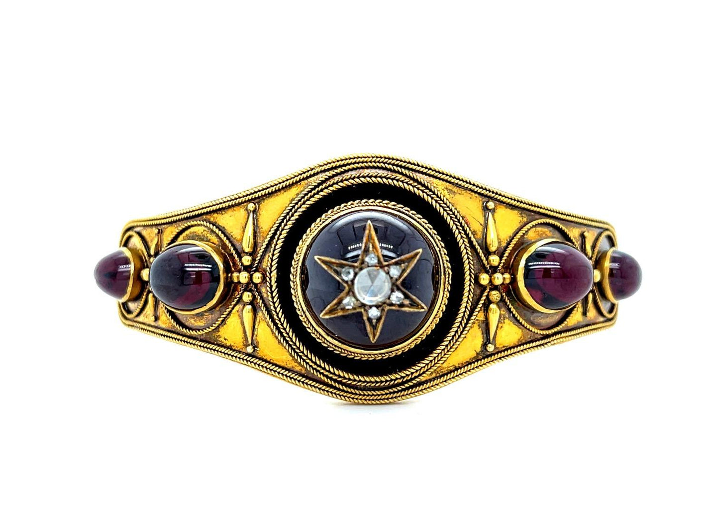 Victorian 27ct Carbuncle Garnet 14KY Antique Bangle Bracelet (c 1860s) .30ct Dia