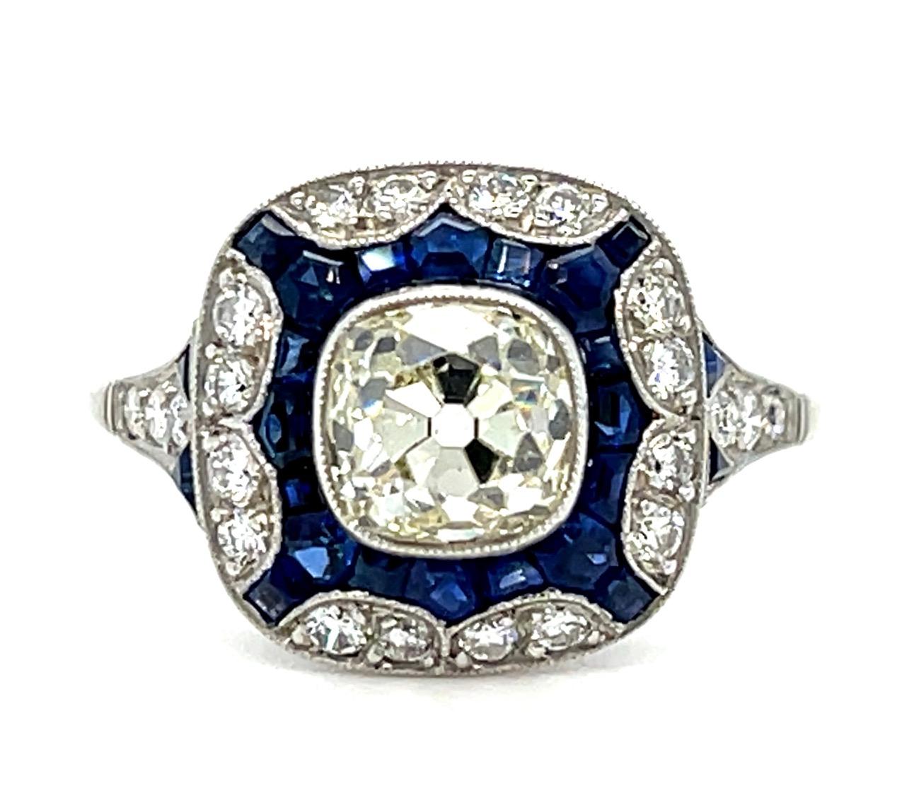 1.56ct Cushion Diamond 1ct Sapphire Platinum Handmade Ring .46ct SD 4.80g 7.50