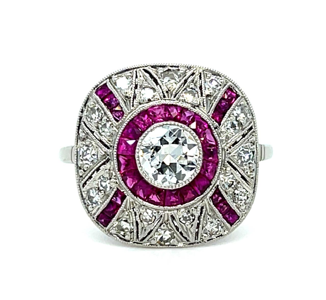 .47ct Old European Diamond .90ct Ruby Platinum Handmade Ring .90ct Ruby .40ct SD