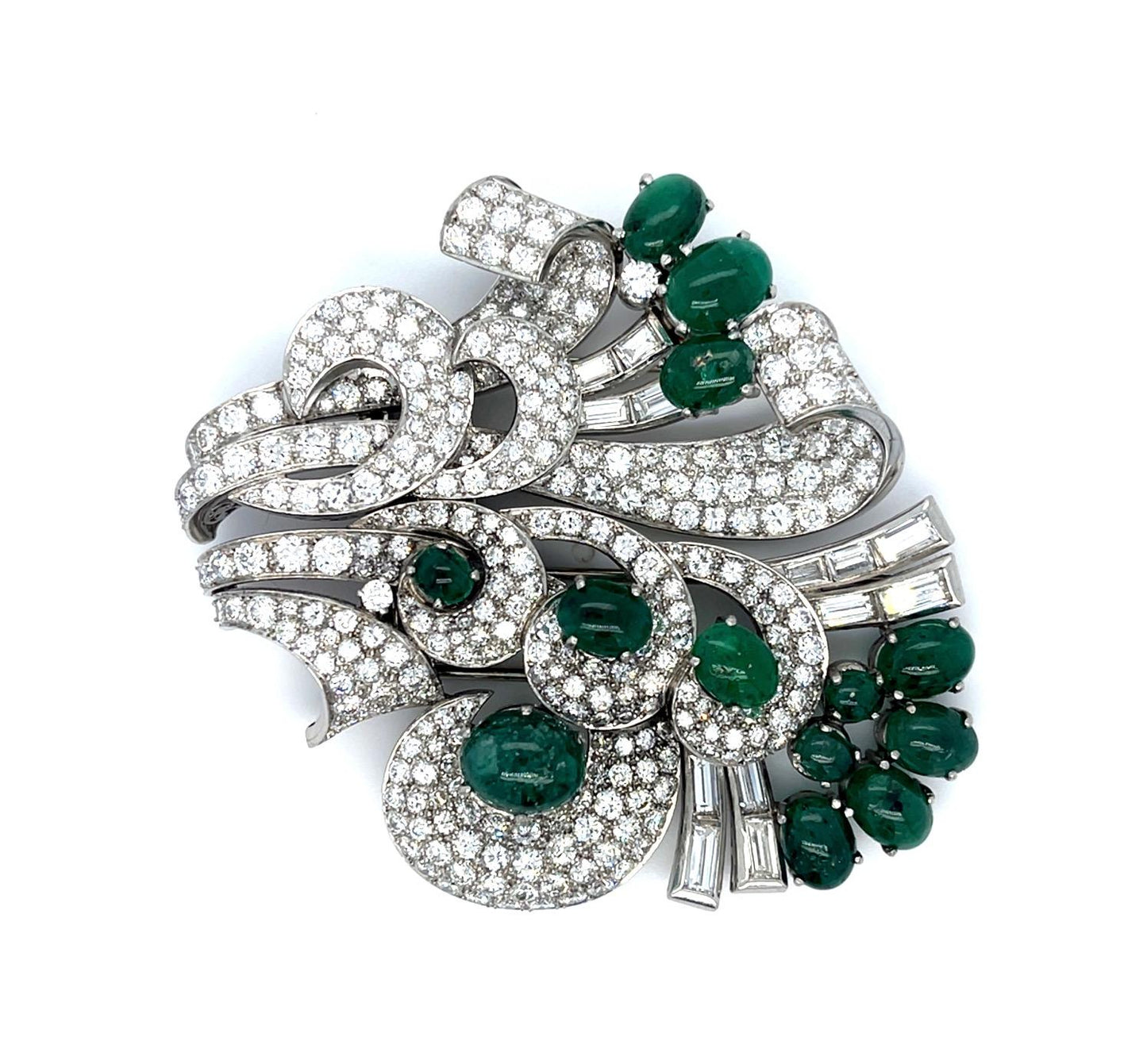 Art Deco 17.50ct Diamond 12ct Cabochon Emerald Platinum Brooch Clips 59.35g 2.75