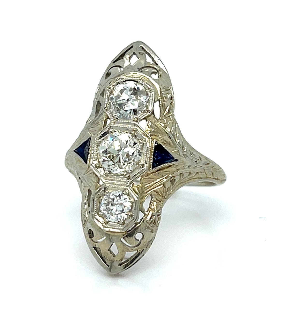 Art Deco 1ct Diamond Old Euro Diamond 18KW Ring (Vintage 1930s) 3.90g 7 Size