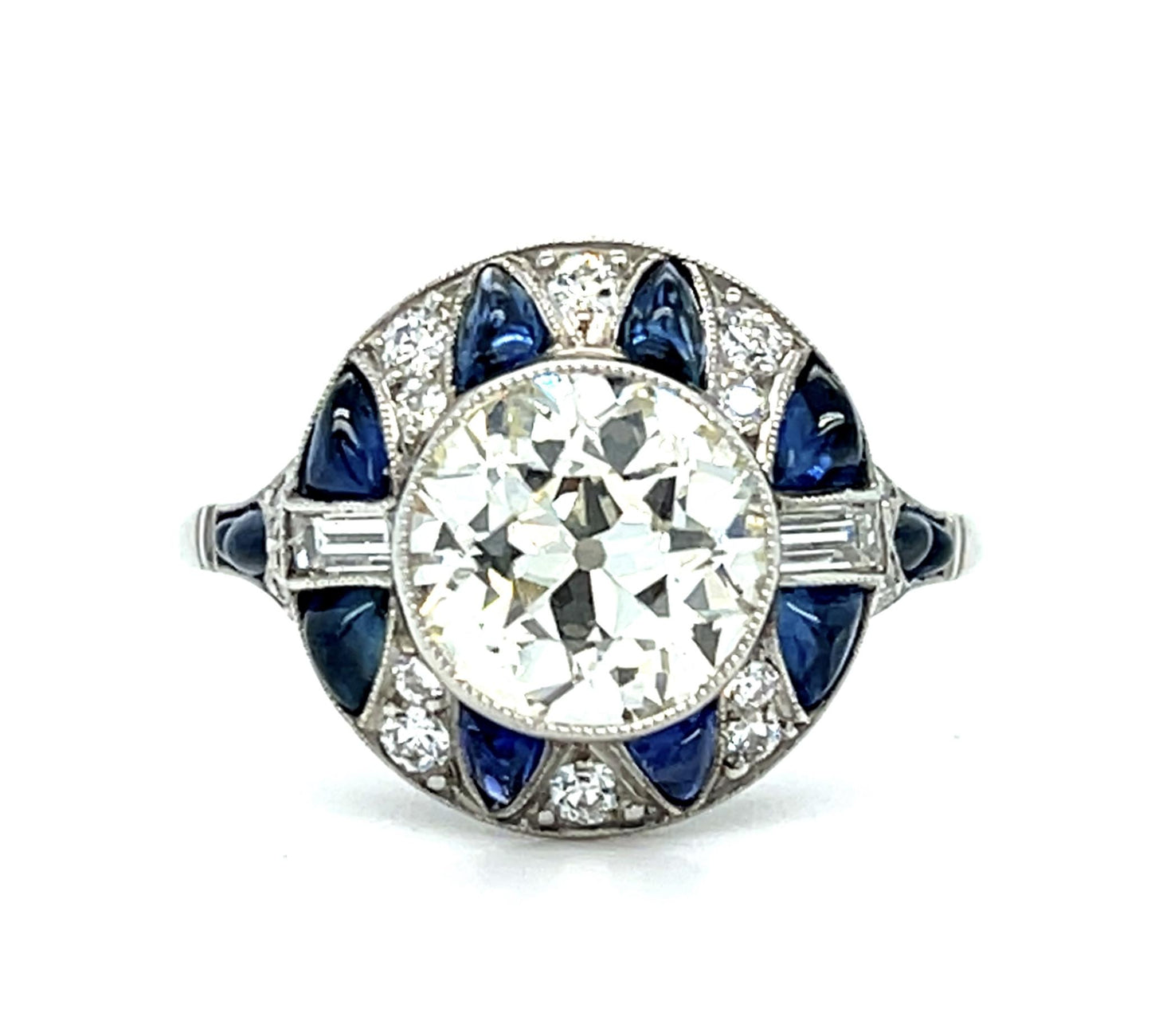 1.75ct Old European Diamond 1.20ct Sapphire Platinum Handmade Ring .44ct SD
