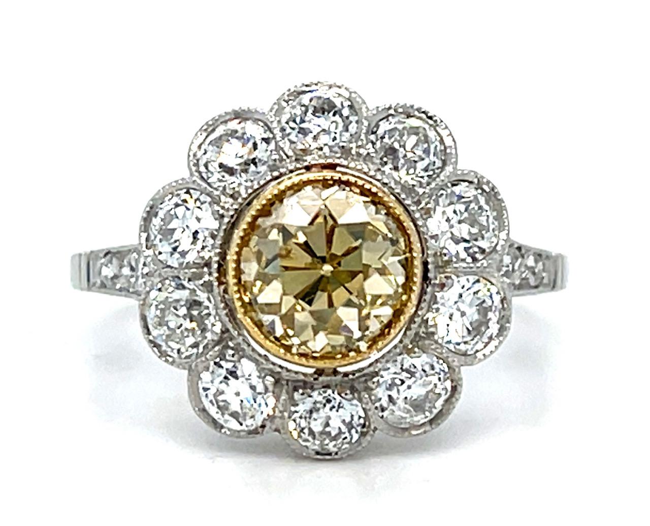 1.64ct Old Mine Fancy Yellow Diamond Platinum+18KY Handmade Ring 1.40ct SD 4g