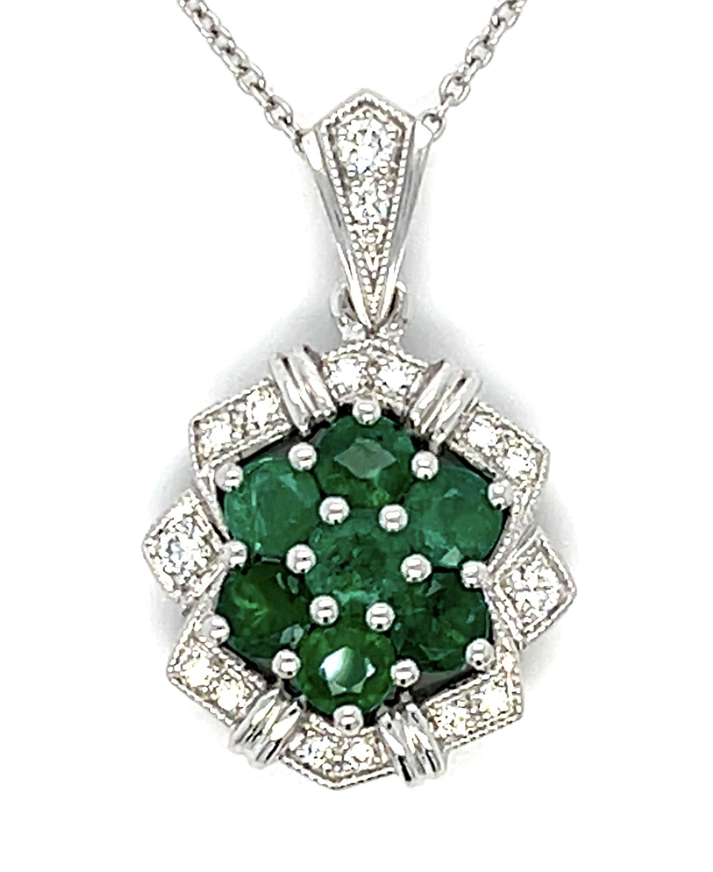 1.02ct Emerald .16ct Diamond 18KW Pendant 5.50g 14K Chain 16"