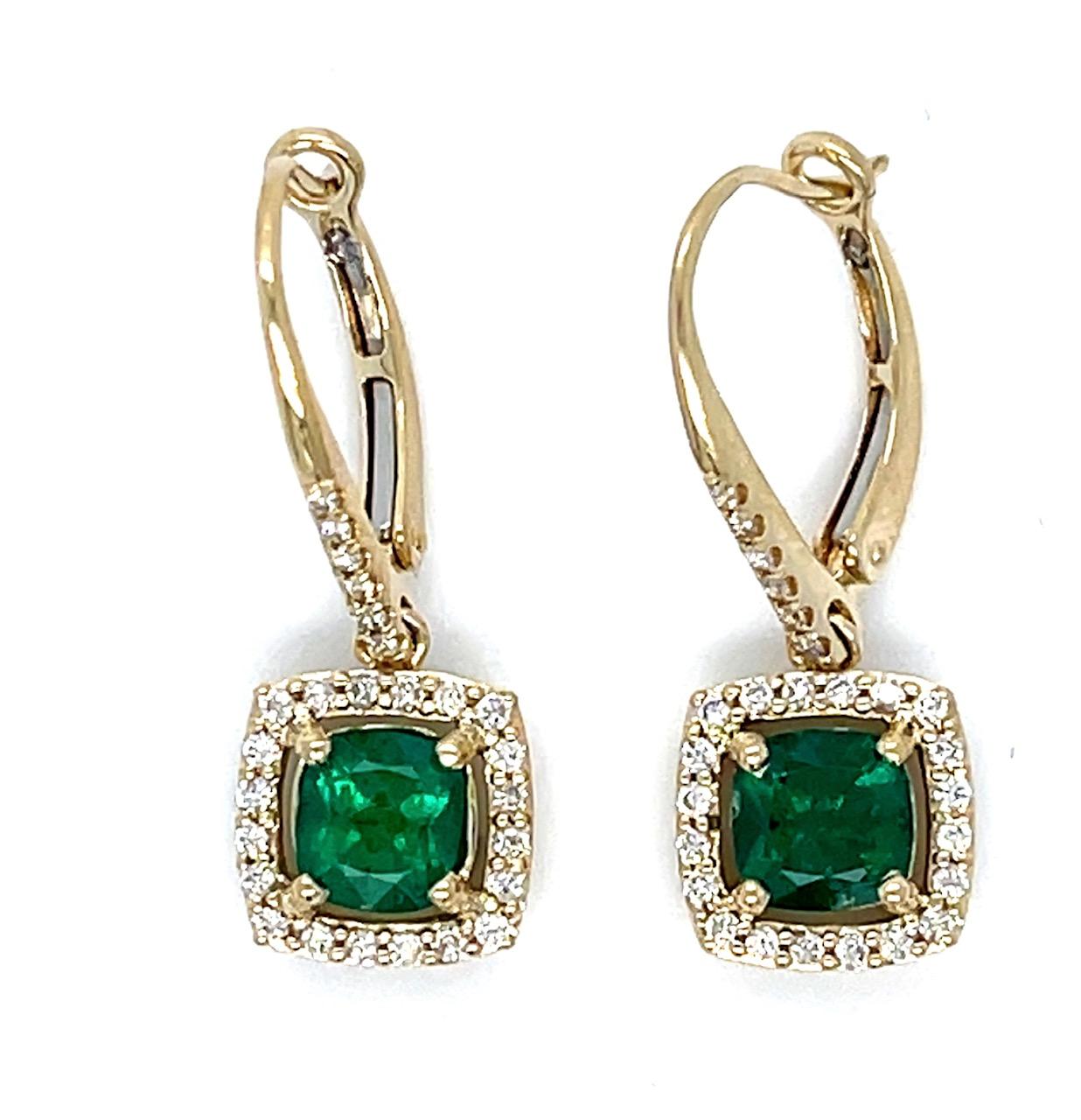 1.16ct Zambian Emerald (No Cert) .30ct Diamonds 14KY Drop Earrings