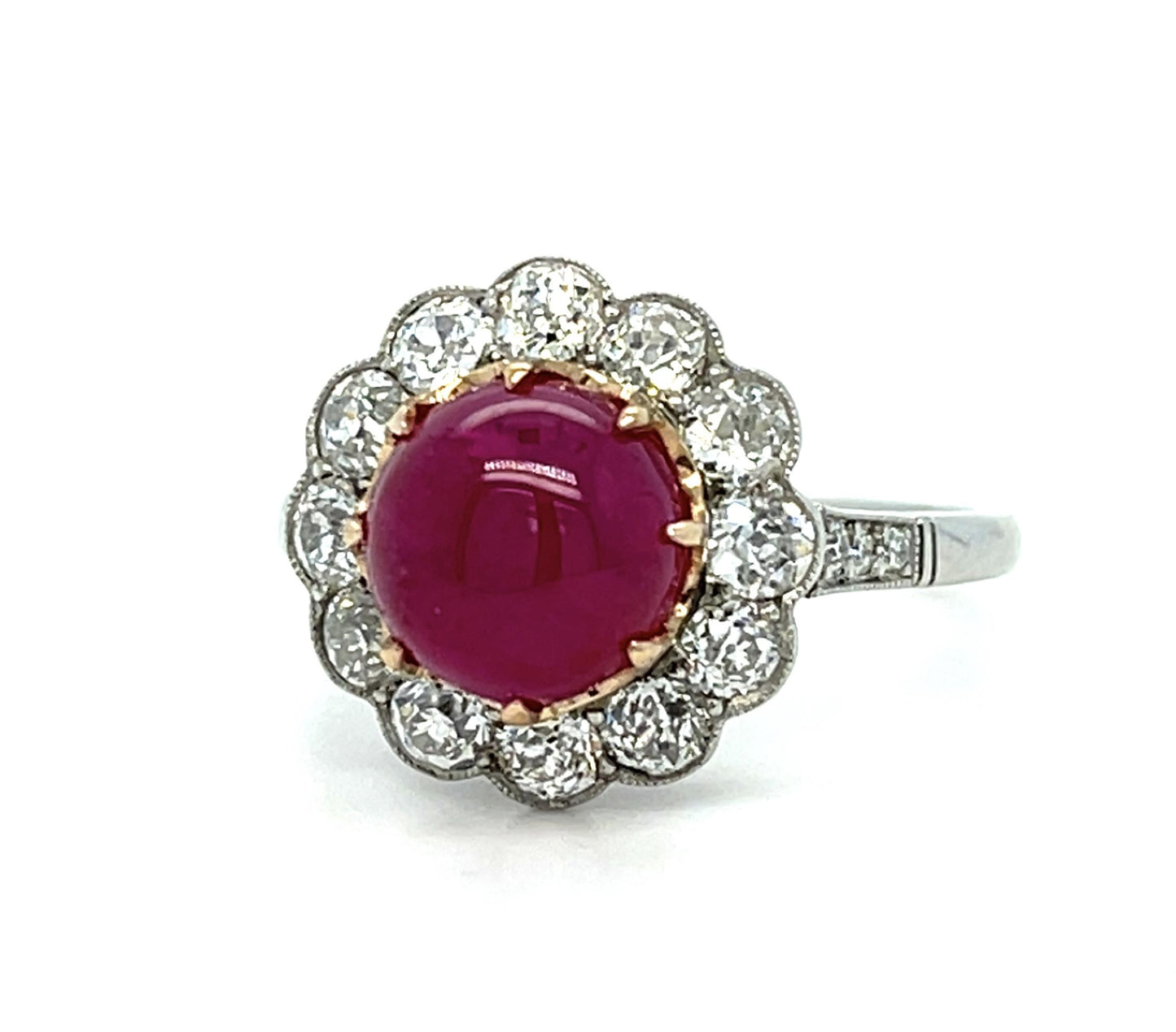 3.79ct Cabochon Ruby 1.57ct Diamond Platinum Handmade Ring 5.57g 7.25 Size