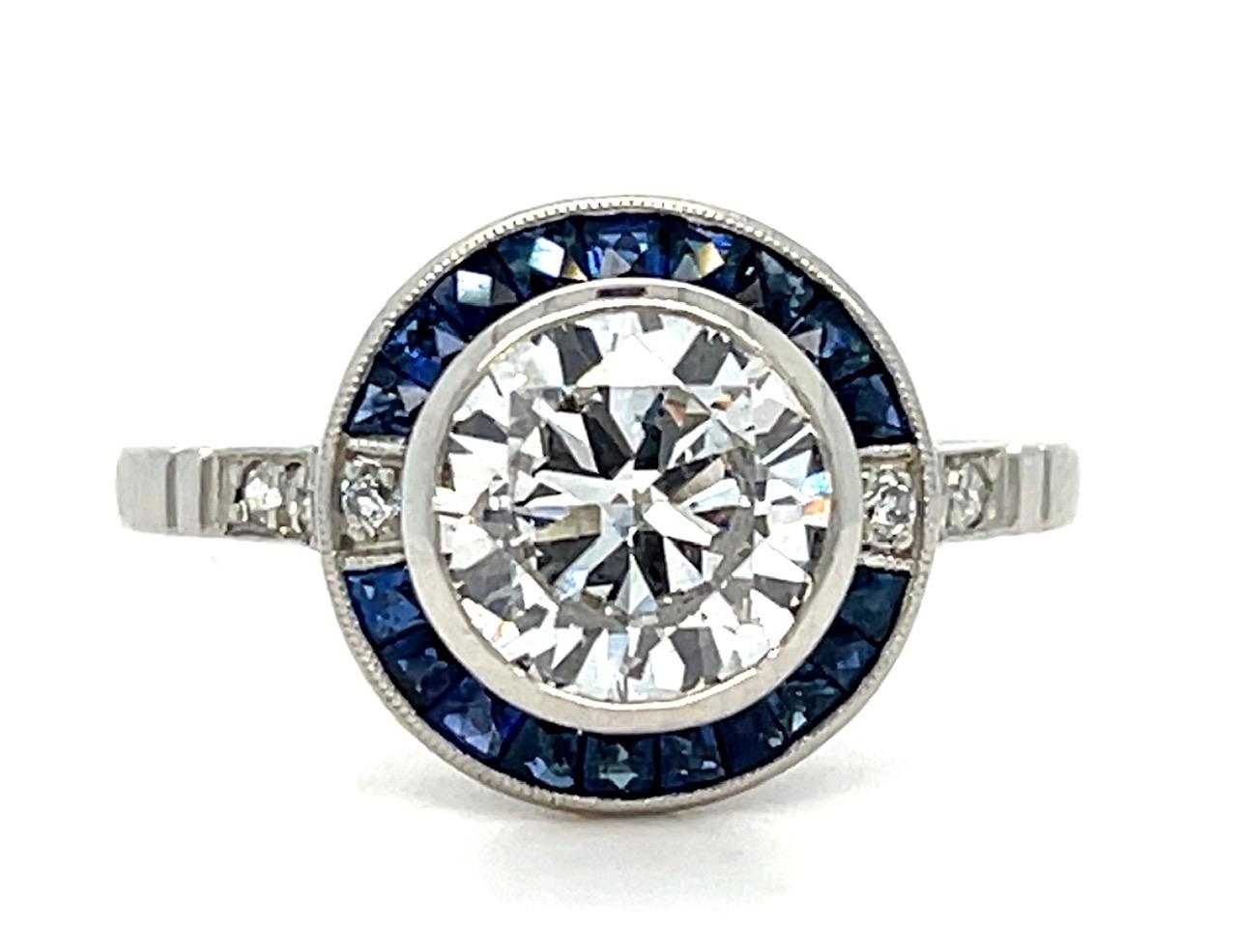 1.53ct Round Brilliant D SI2 Diamond .90ct Sapphire Platinum Handmade Ring 4.20g
