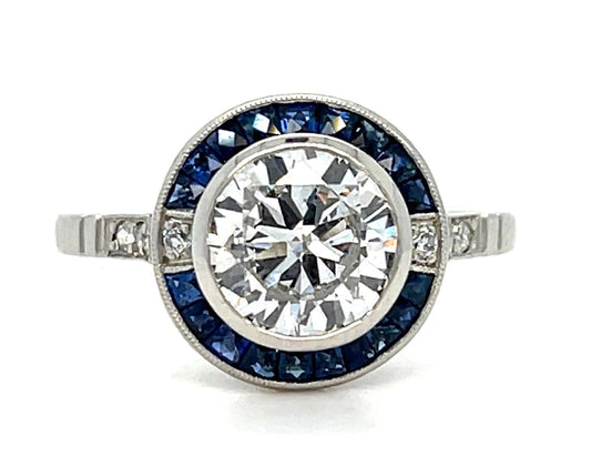 1.53ct Round Brilliant D SI2 Diamond .90ct Sapphire Platinum Handmade Ring 4.20g