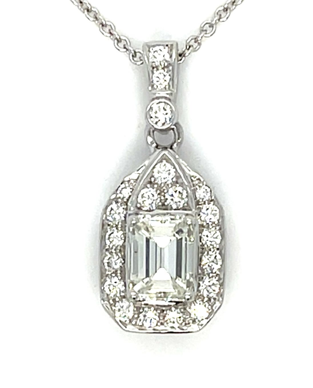 1.03ct Emerald Cut Diamond 18KW Pendant .37ct SD 5.58g 16" Length 14KW Chain