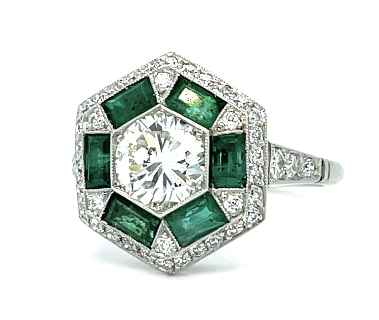 1.10ct Round Brilliant Diamond 1.20ct Emerald Platinum Handmade Ring .83ct SD 5.