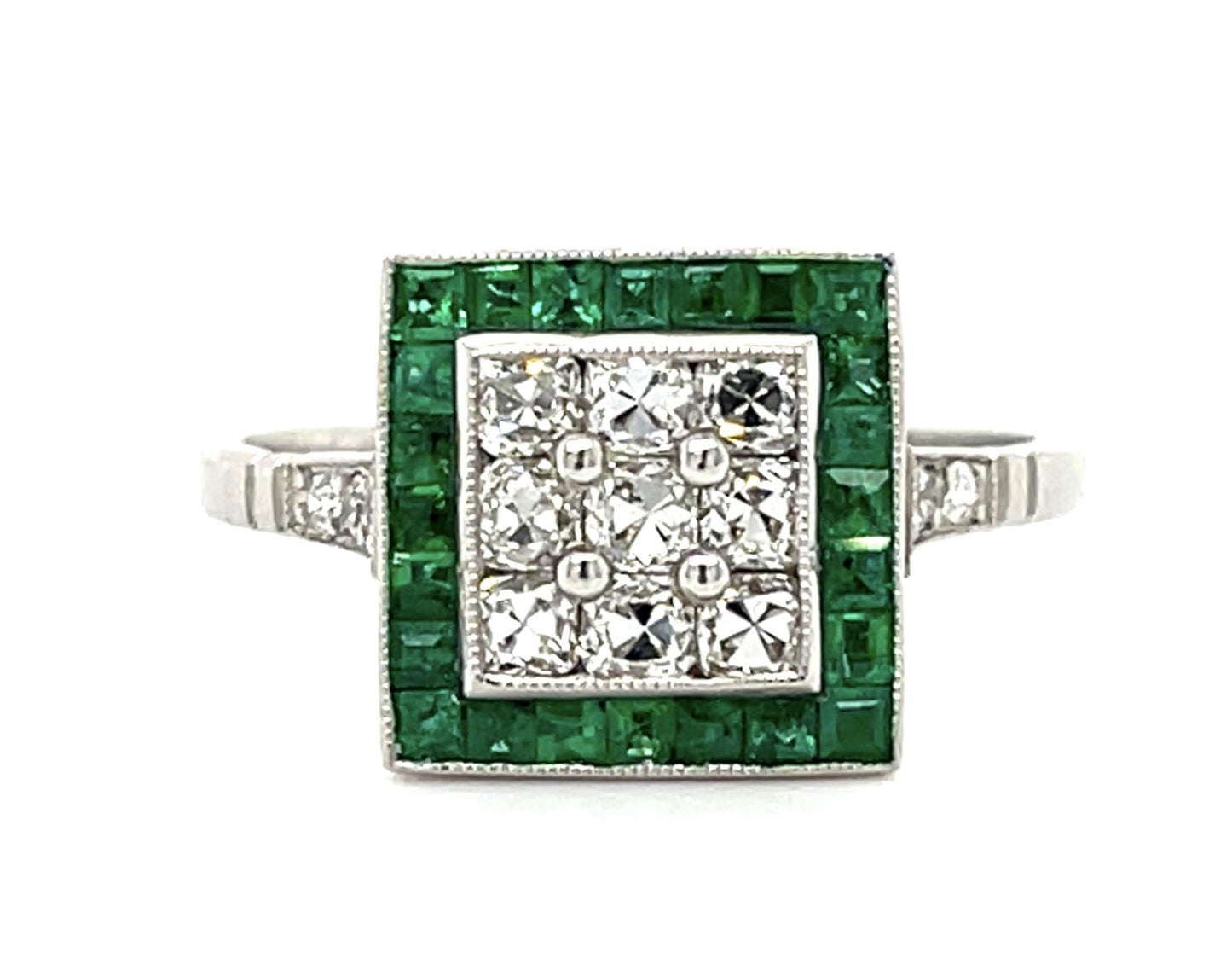 .90ct French Square Diamonds .94ct Emerald Platinum Handmade Ring 4.30g 7 Size