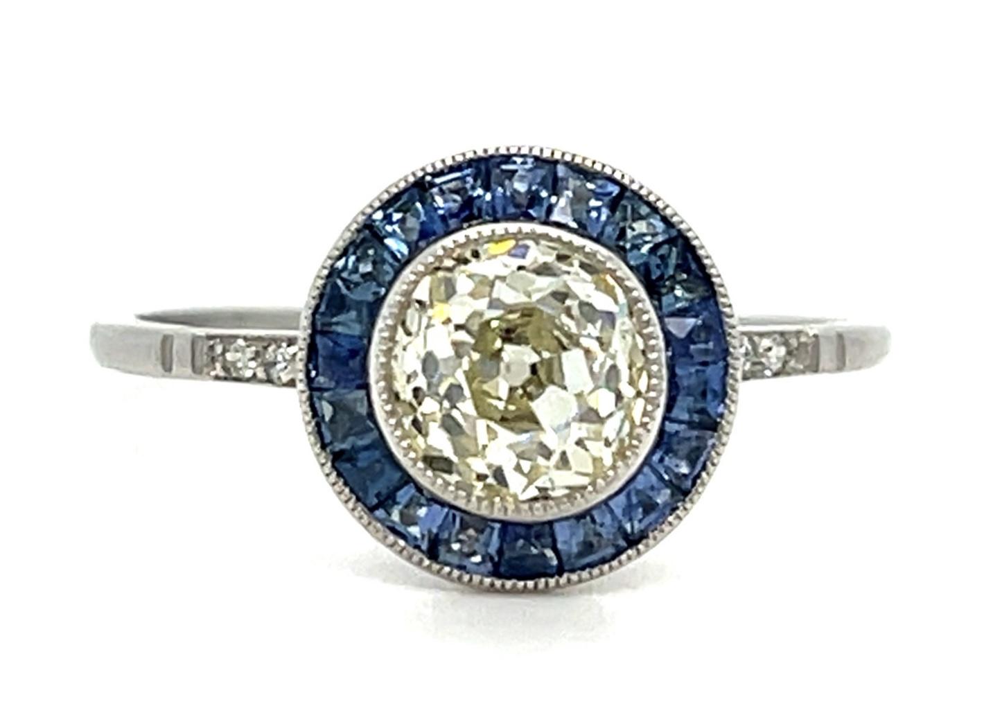 1.02ct Old Mine Diamond .80ct Sapphire Platinum Handmade Ring 2.60g 7 Size