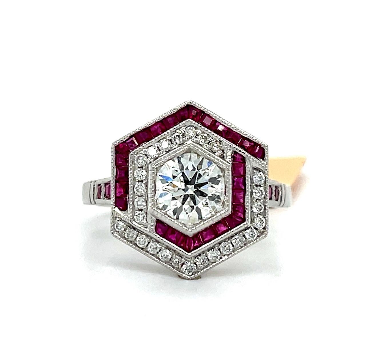 .80ct Center Diamond Platinum Ring .60ct Ruby .14ct Dia 6 Size 5.80g