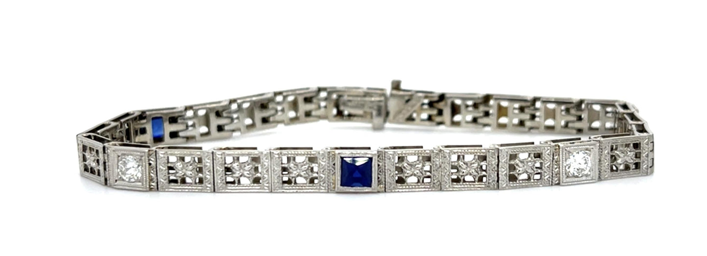 Art Deco .30ct Old European Diamond Blue Stone PT+18KW Bracelet 6.75" 11.50g