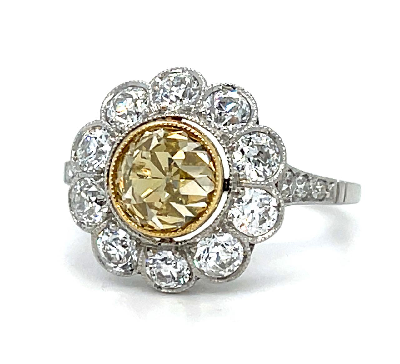 1.64ct Old Mine Fancy Yellow Diamond Platinum+18KY Handmade Ring 1.40ct SD 4g