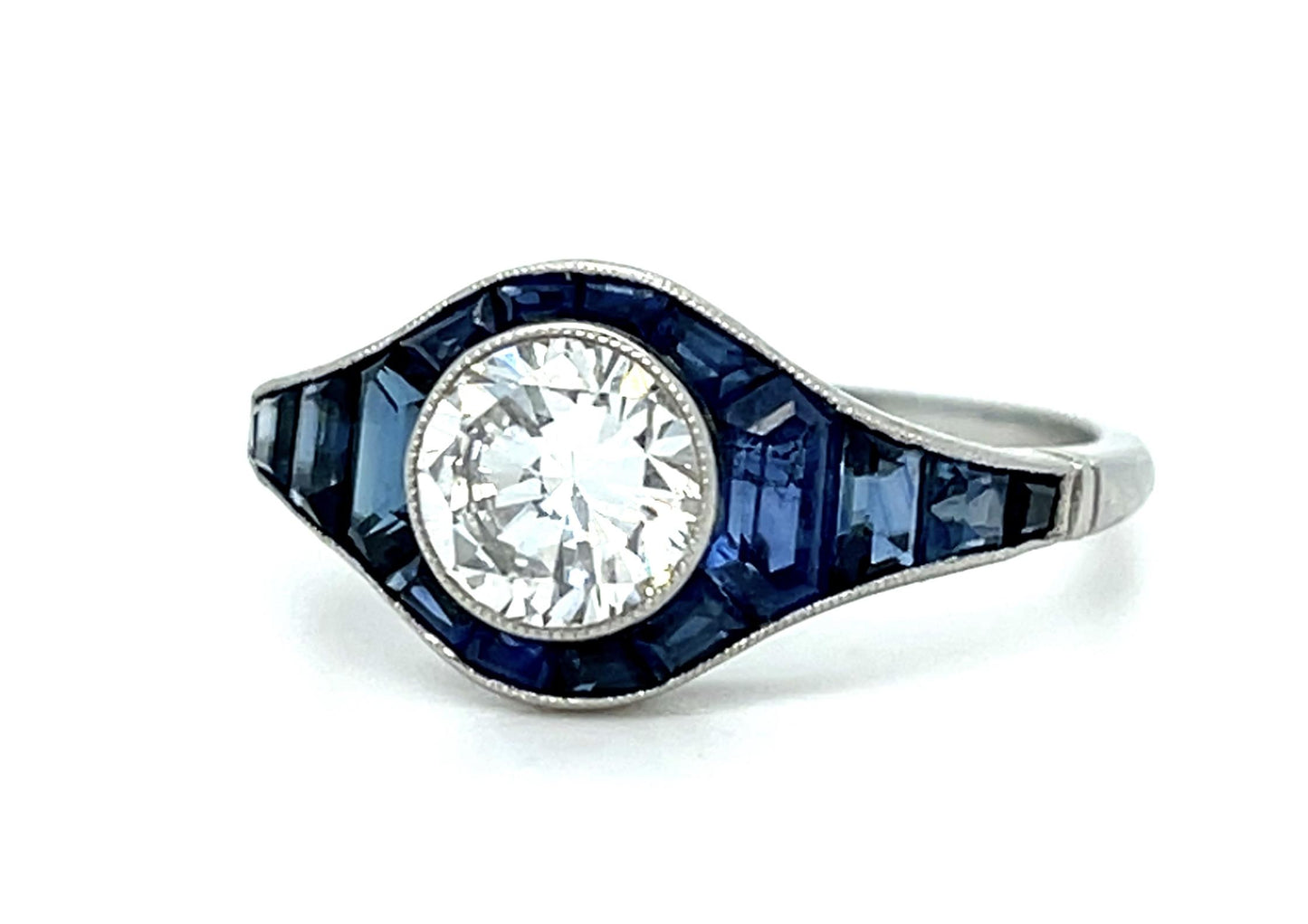 1.06ct Round Brilliant Diamond 1.44ct Sapphires Platinum Handmade Ring 4g 7.50 S