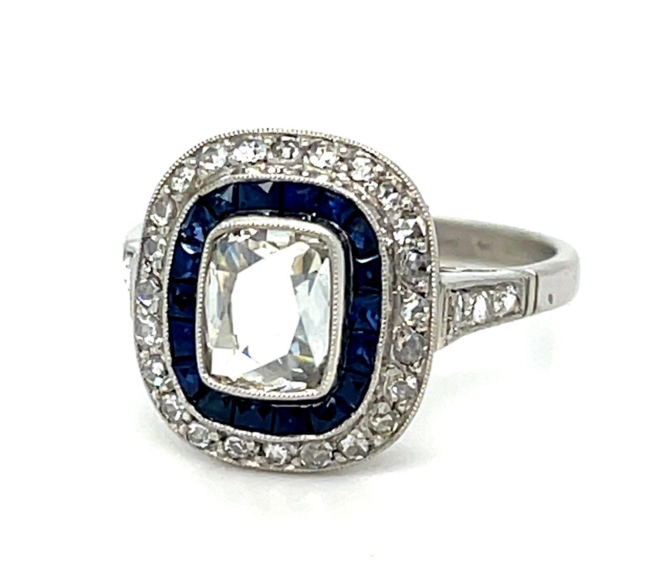 .70ct Rose Cut Center Diamond .91ct Sapphire .33ct SD Platinum Handmade Ring