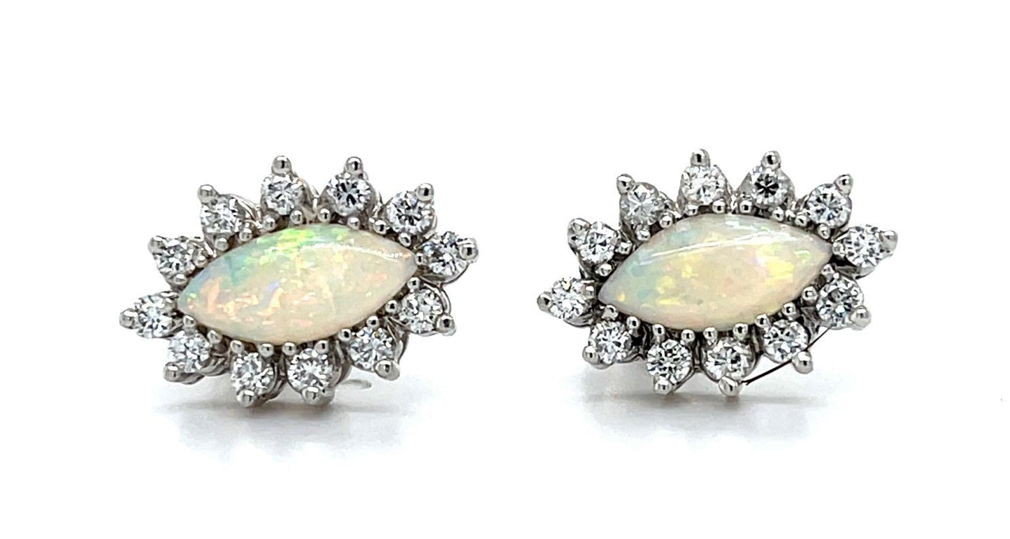 2ct Opal .72ct Diamond 14KW Stud Estate Earrings 3.32g 5/8"