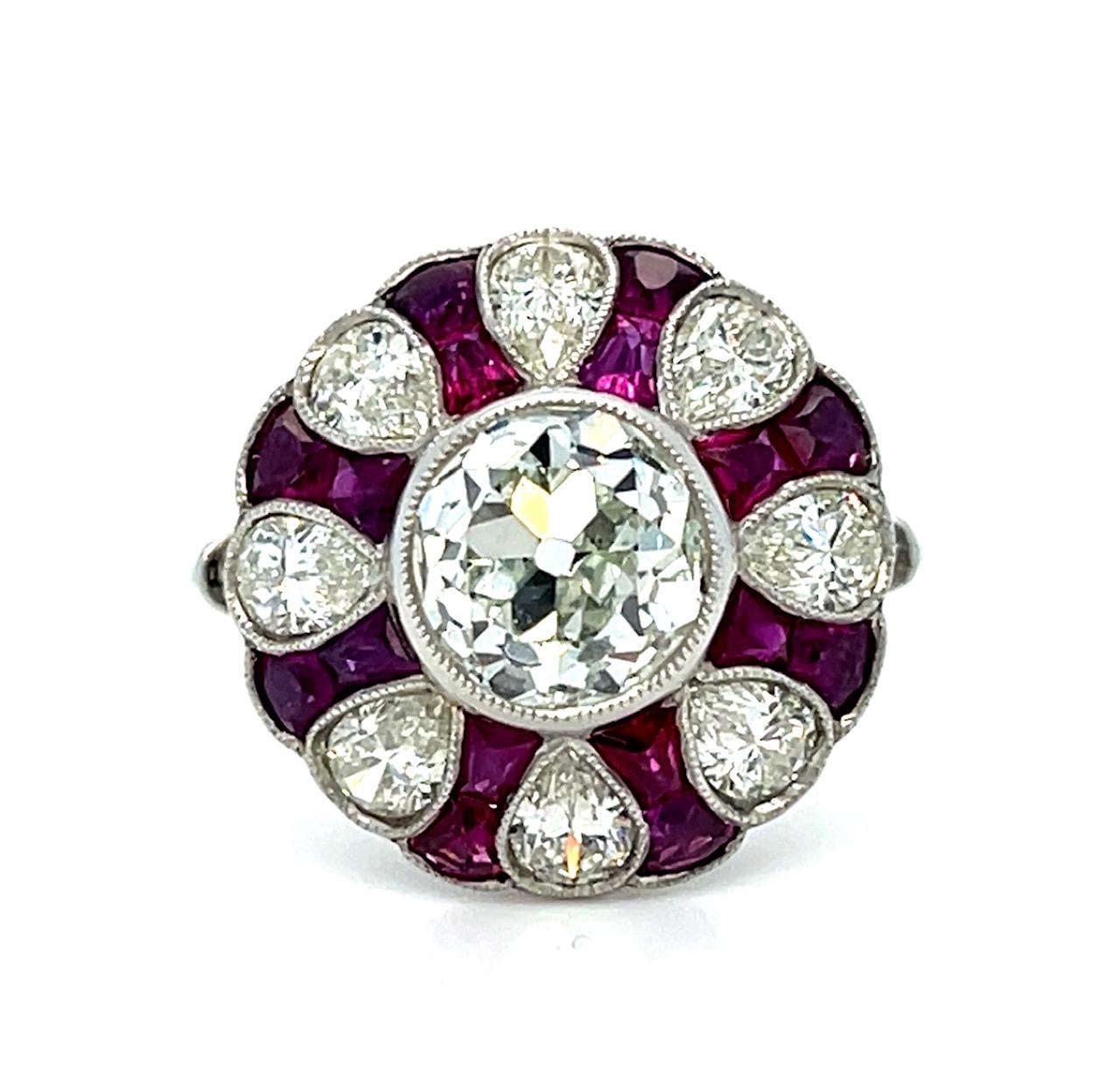 1.73ct Old Mine Diamond 2ct Rubies Platinum Handmade Ring 1.60ct Pear Diamonds