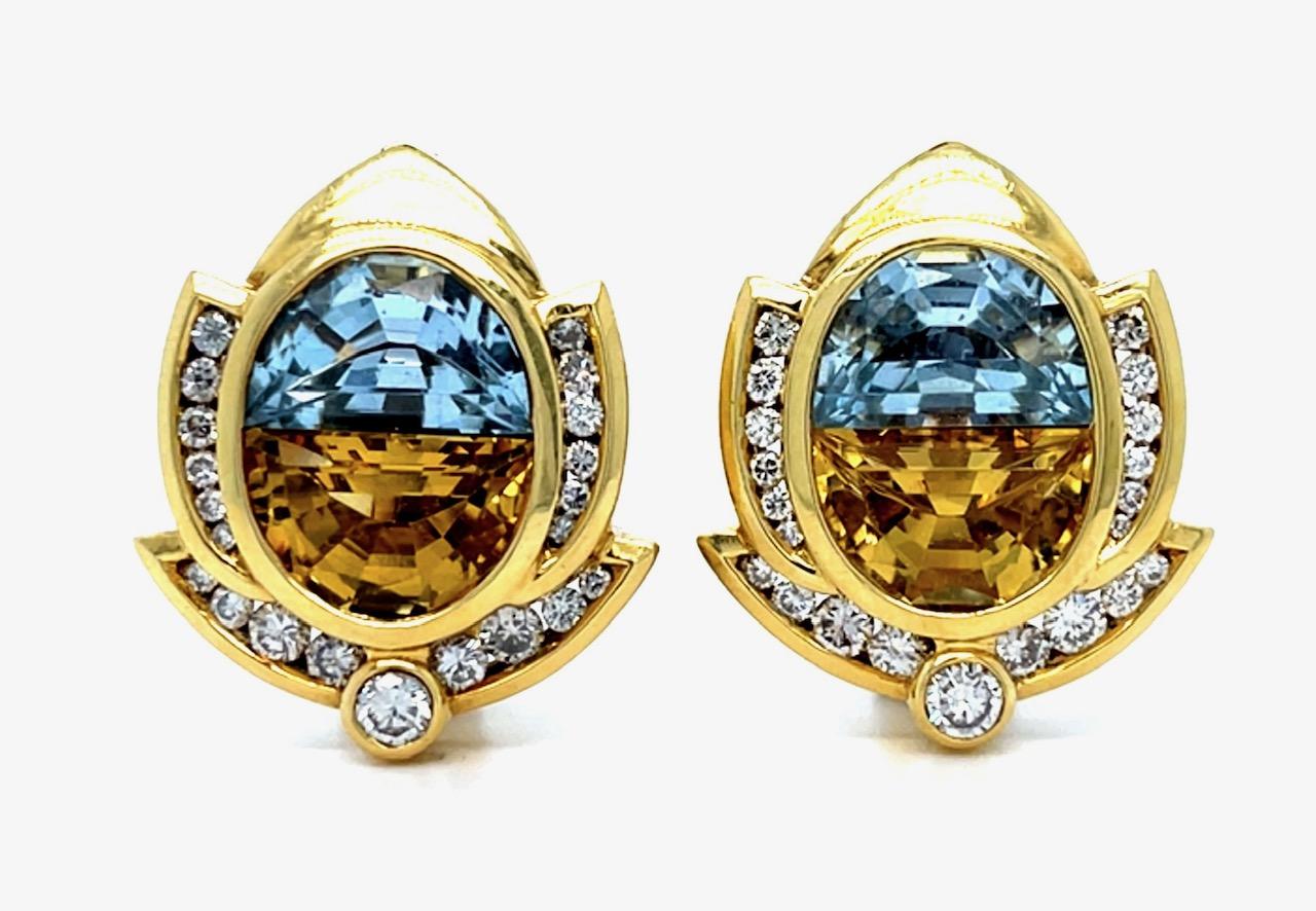 Aquamarine and Citrine 18KY Acorn Earrings 1ct Diamonds