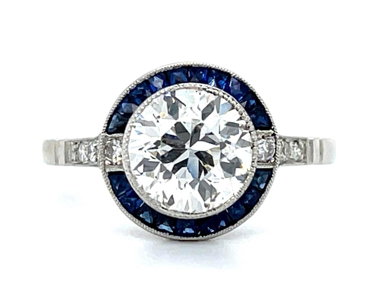 1.80ct J SI2 Old European Diamond .80ct Sapphire Platinum Ring 4g 7 Size GIA