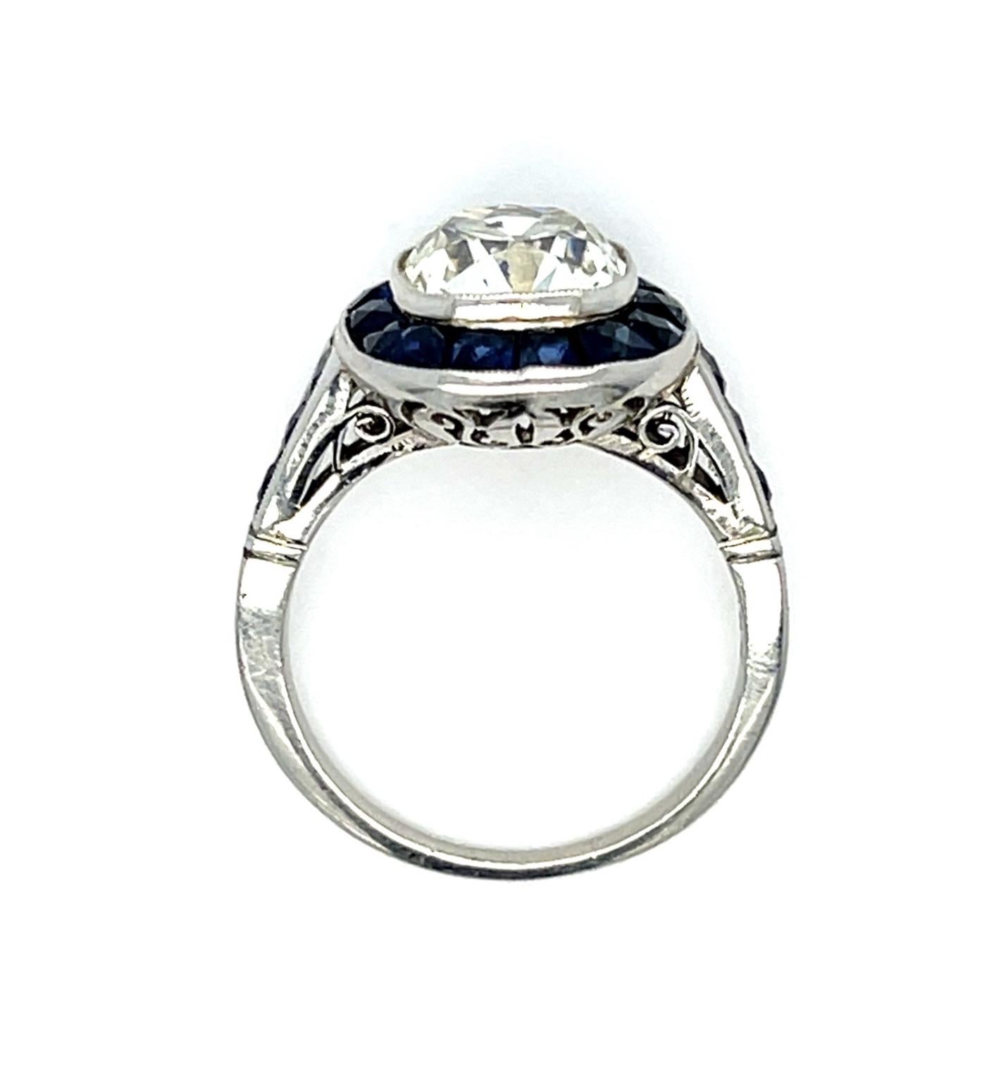 3.01ct K SI3 EGL Old European Cut Diamond 2.30ct Sapphire Platinum Handmade Ring
