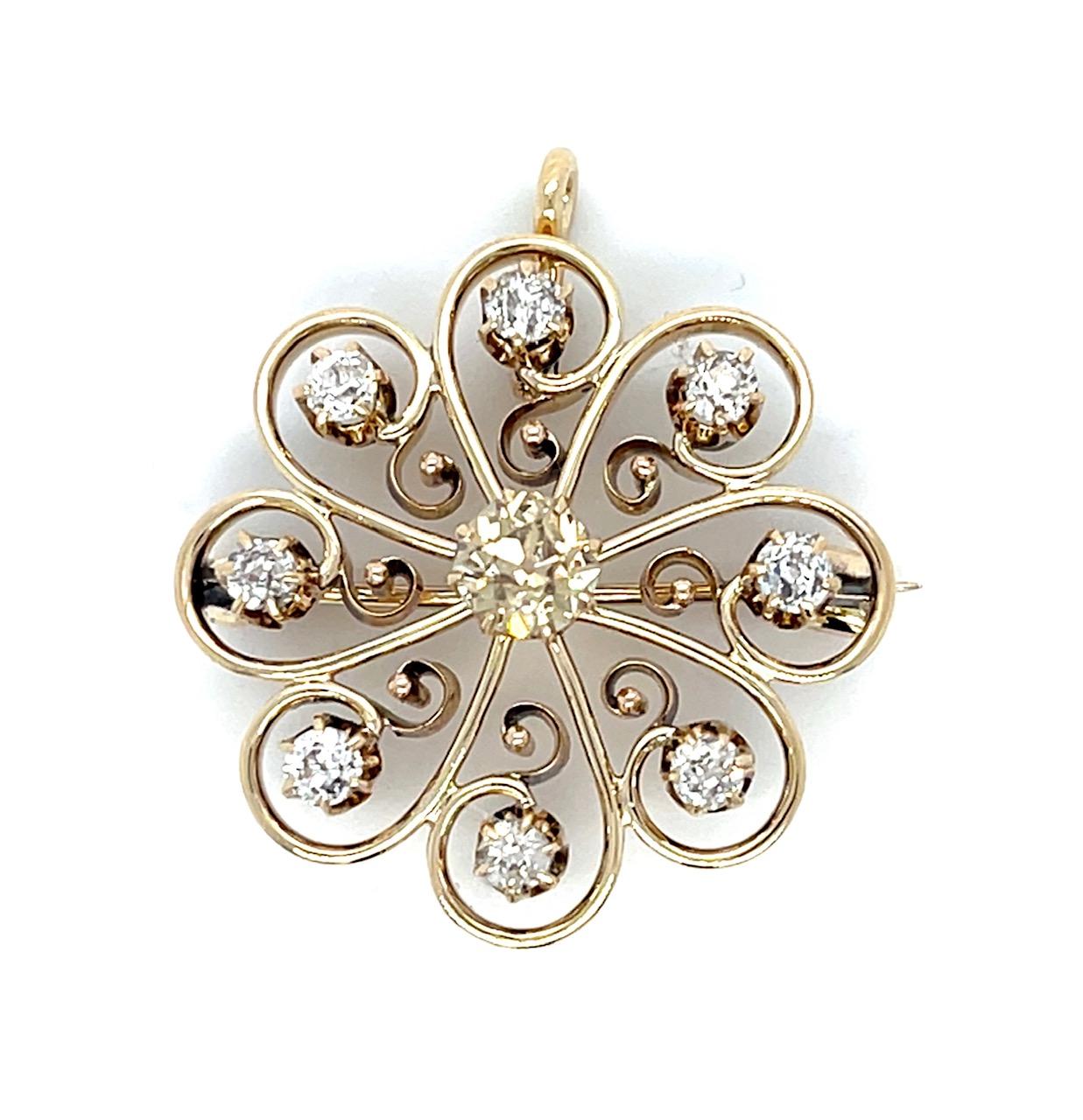 Original Victorian .55ct Old European Fancy Diamond 14KY Pendant Brooch