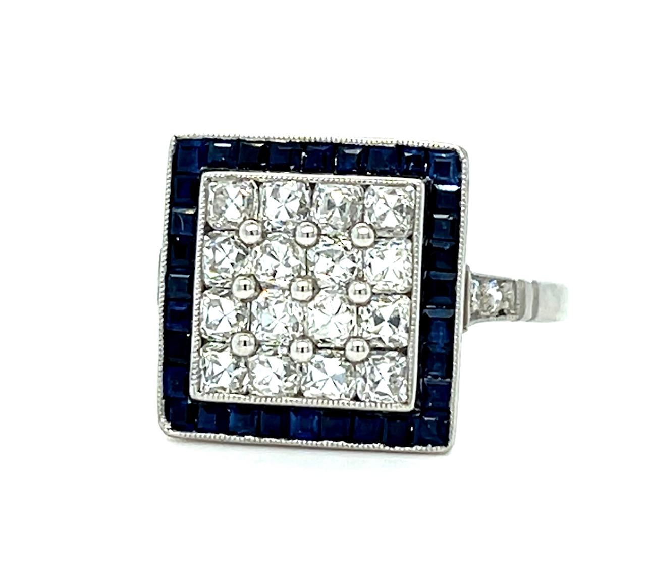 1.24ct French Cut Diamonds 1.60ct Sapphires Platinum Handmade Ring .22ct SD