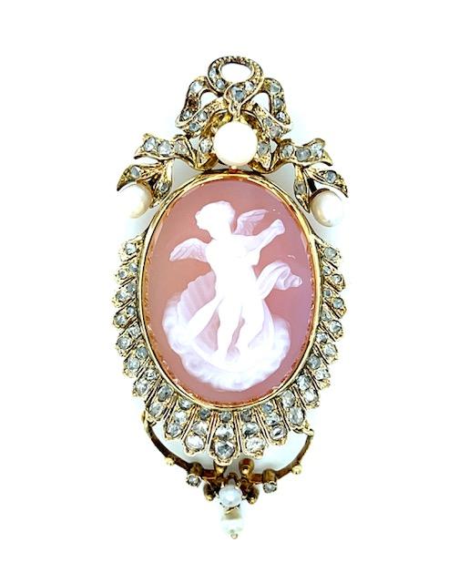 Original Victorian 2.25ct Rose Cut Diamonds Carved Agate Natural Pearl 14KY Pend