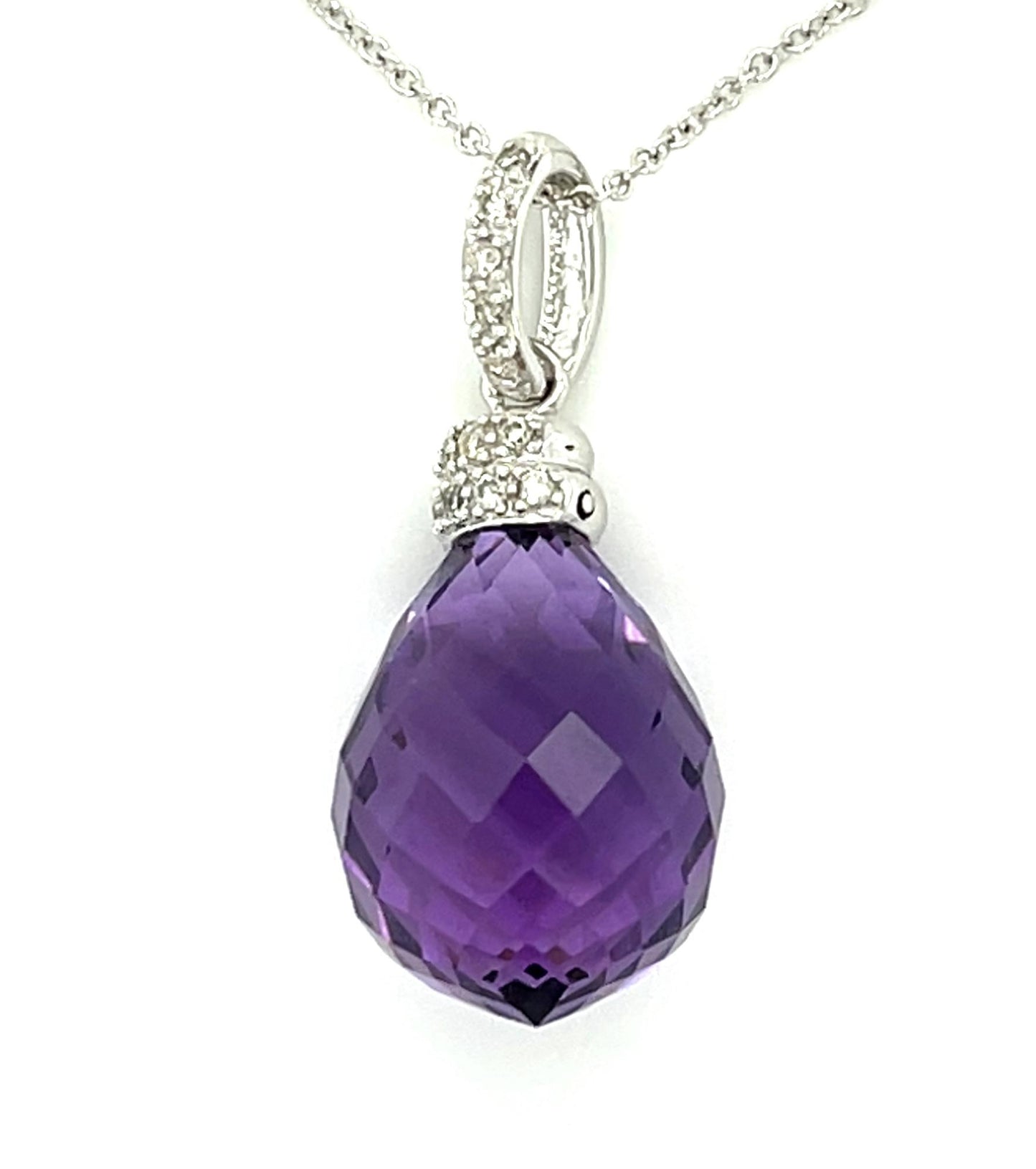 15ct Checkered Amethyst .11ct Diamond 14KW Pendant 5.10g 16" Length
