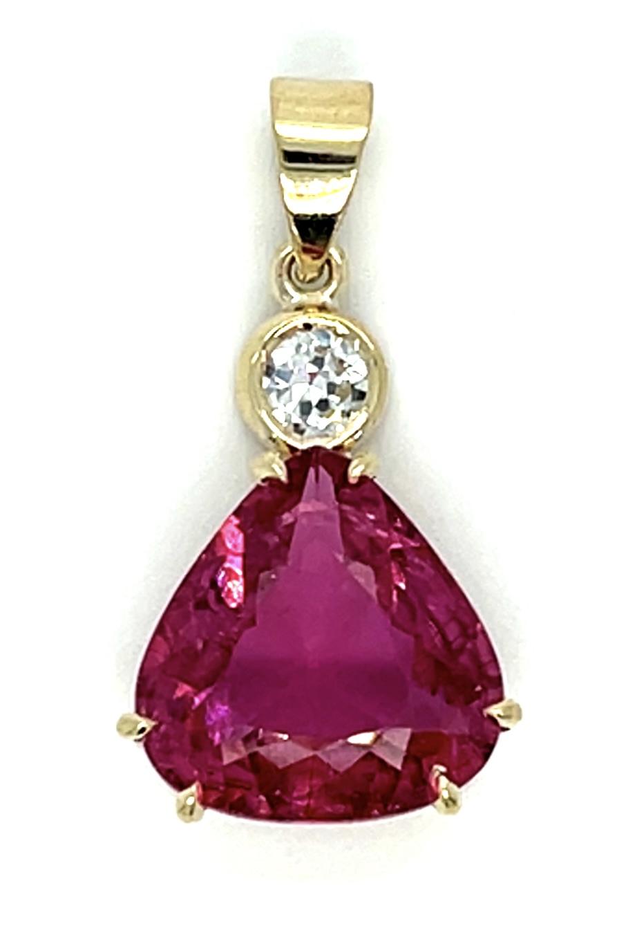 5.64ct Pear Shaped Pink Tourmaline .40ct Diamond 14KY Handmade Pendant 14K Chain