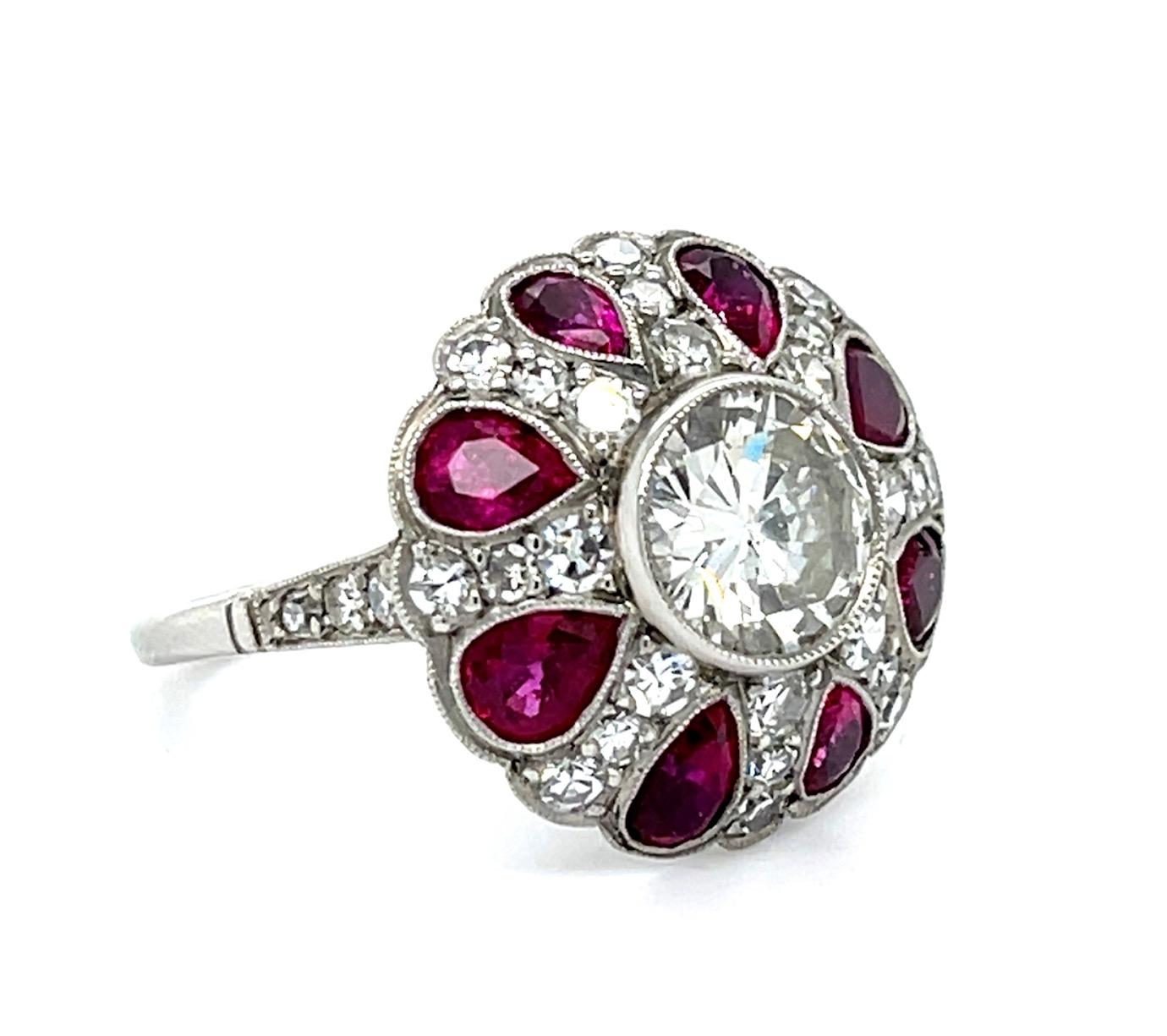 1.19ct Round Diamond 2.40ct Pear Ruby Platinum Handmade Ring .86ct SD 6.10g