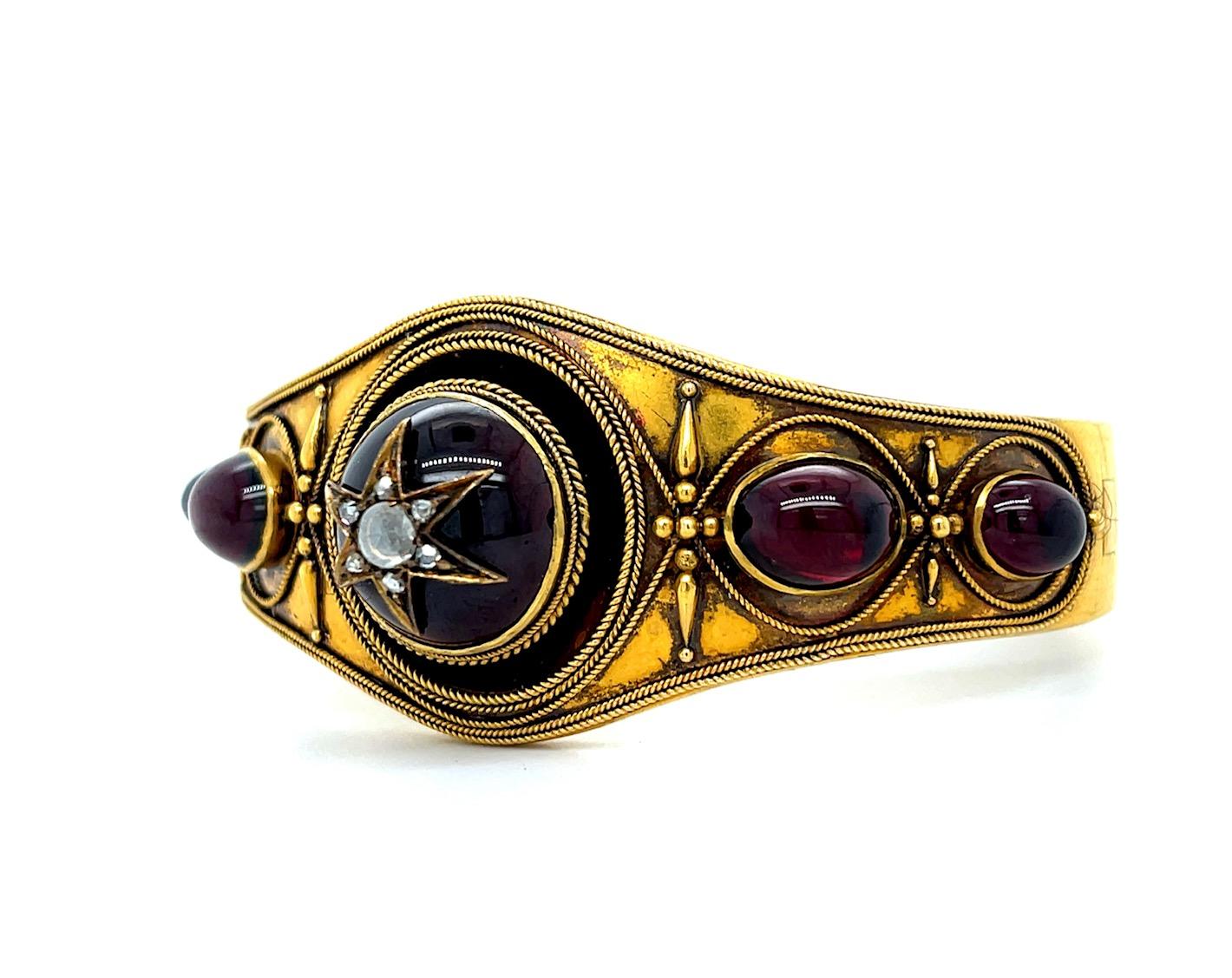 Victorian 27ct Carbuncle Garnet 14KY Antique Bangle Bracelet (c 1860s) .30ct Dia
