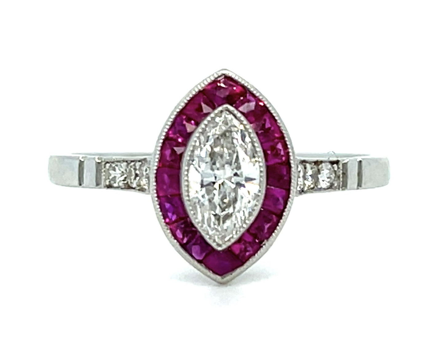 .37ct Marquise Diamond .58ct Ruby Platinum Handmade Ring 2.90g 7.25 Size