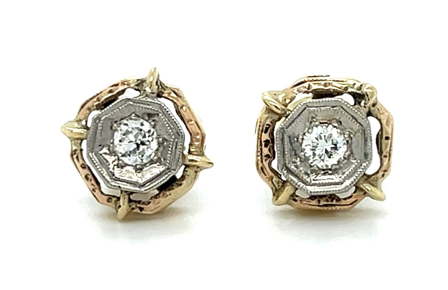 Estate 0.24ct European-cut Diamond 14KY 2 Tone Gold 2.00gr Art Deco Earrings