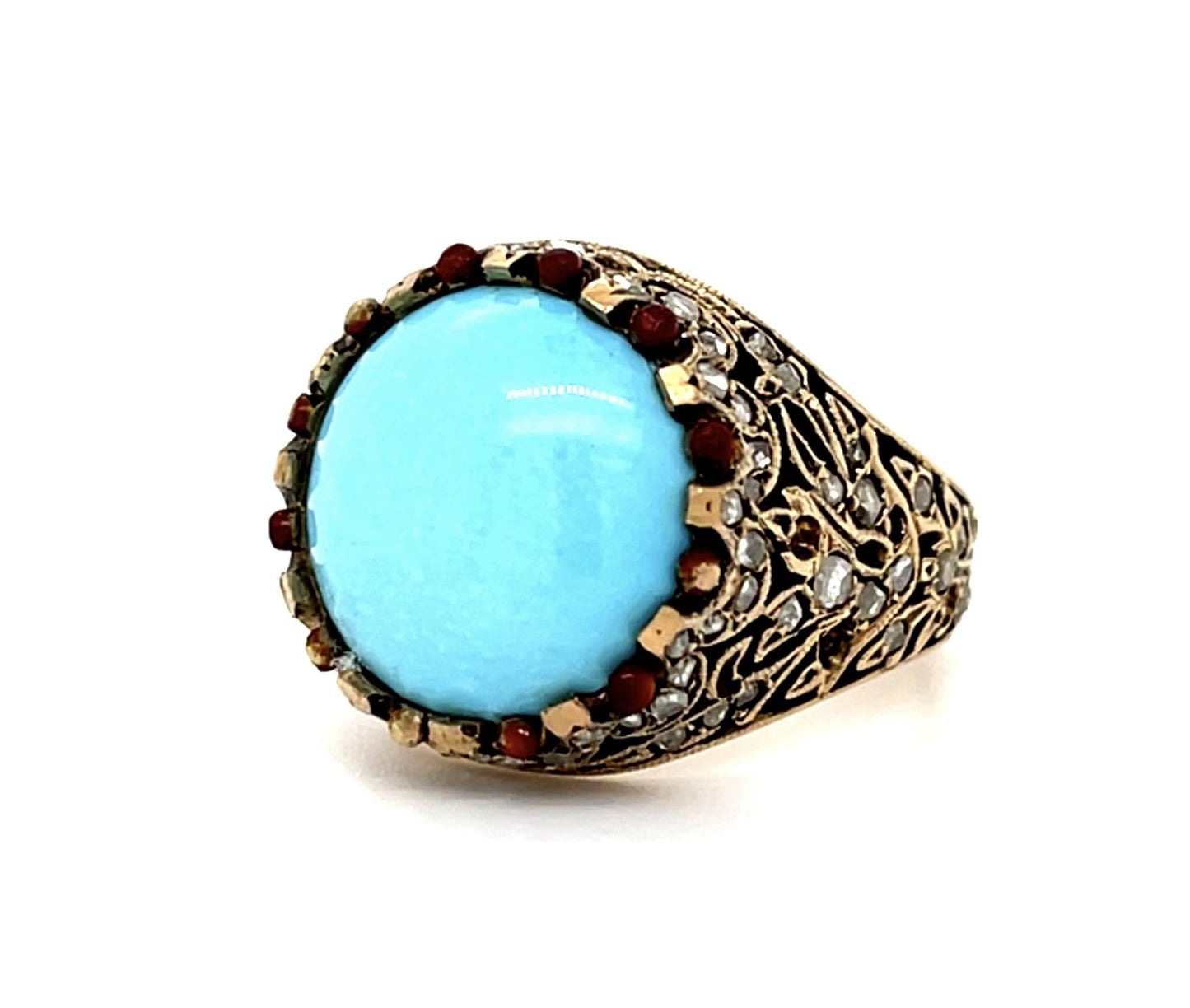 1ct Rose Cut Diamond Turquoise Yellow Gold Estate Ring