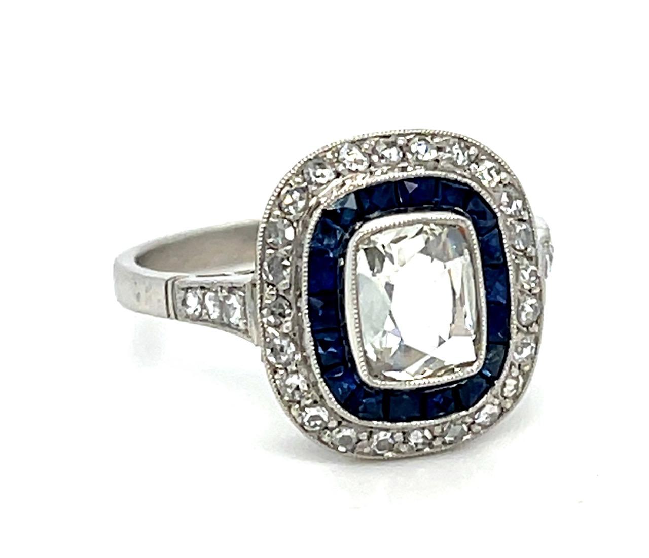 .70ct Rose Cut Center Diamond .91ct Sapphire .33ct SD Platinum Handmade Ring