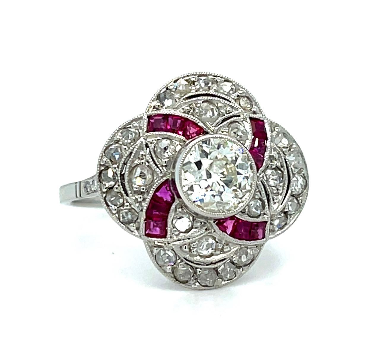 .88ct Old European Diamond .60ct Ruby Platinum Handmade Ring .74ct SD 5.80g 7.50
