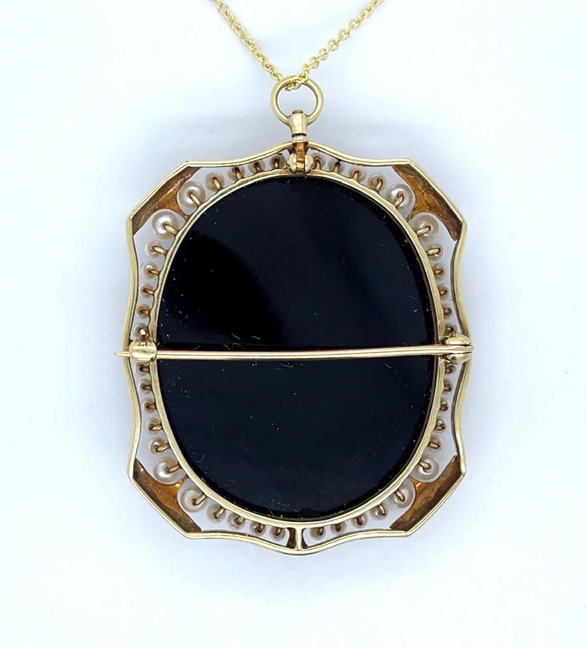 Victorian Hand Engraved Lady Cameo with Sea Pearls Pendant/Brooch 19.93g 14K Cha