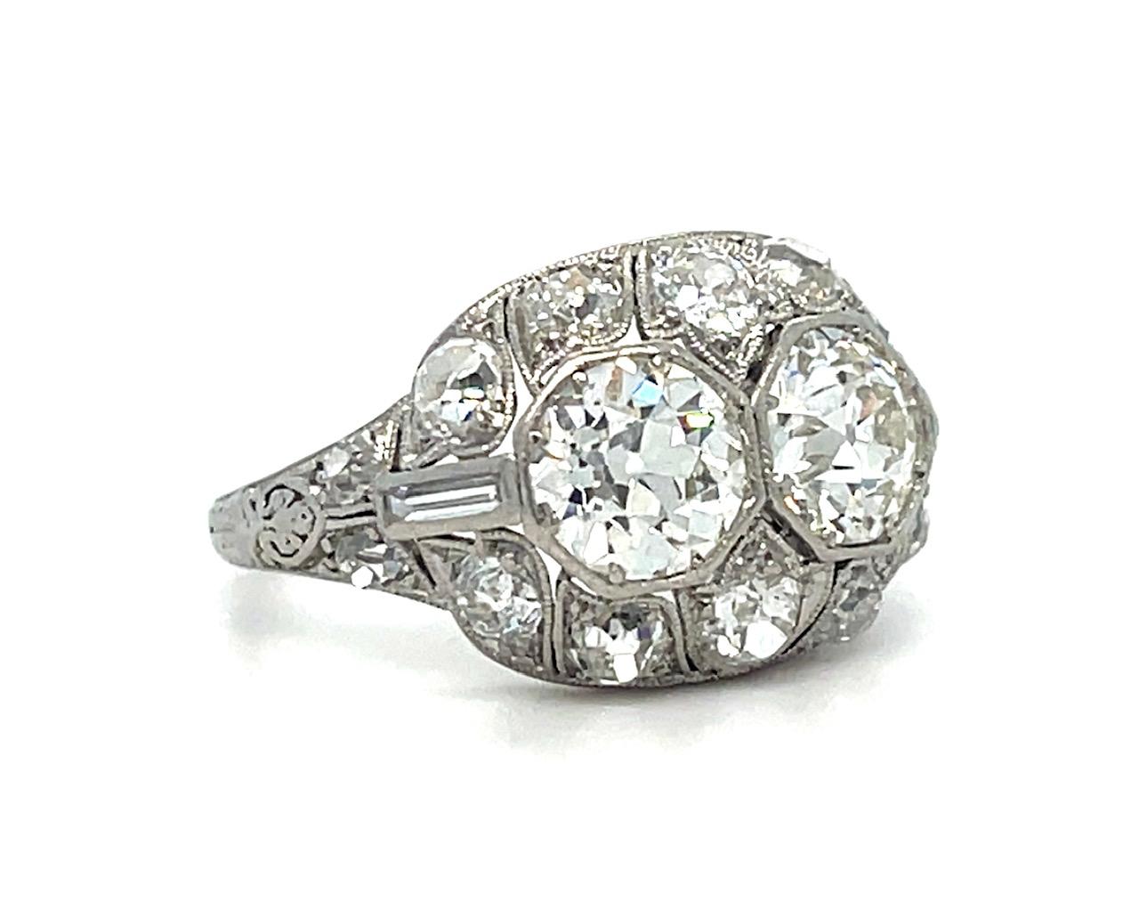 Art Deco 2.15ct (2 Euro Dia I-J VS-SI) Platinum Two Stone Ring (1920s) 1.55ct SD