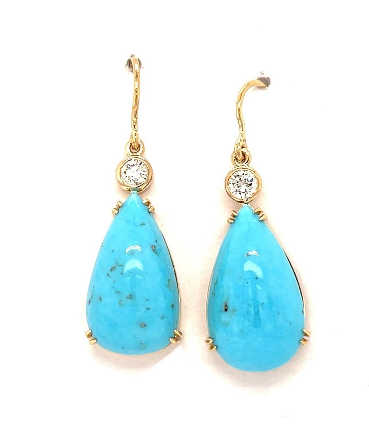 15.63ct Turquoise .45ct Diamond 14KY Handmade Earrings 7.60g 1.50"