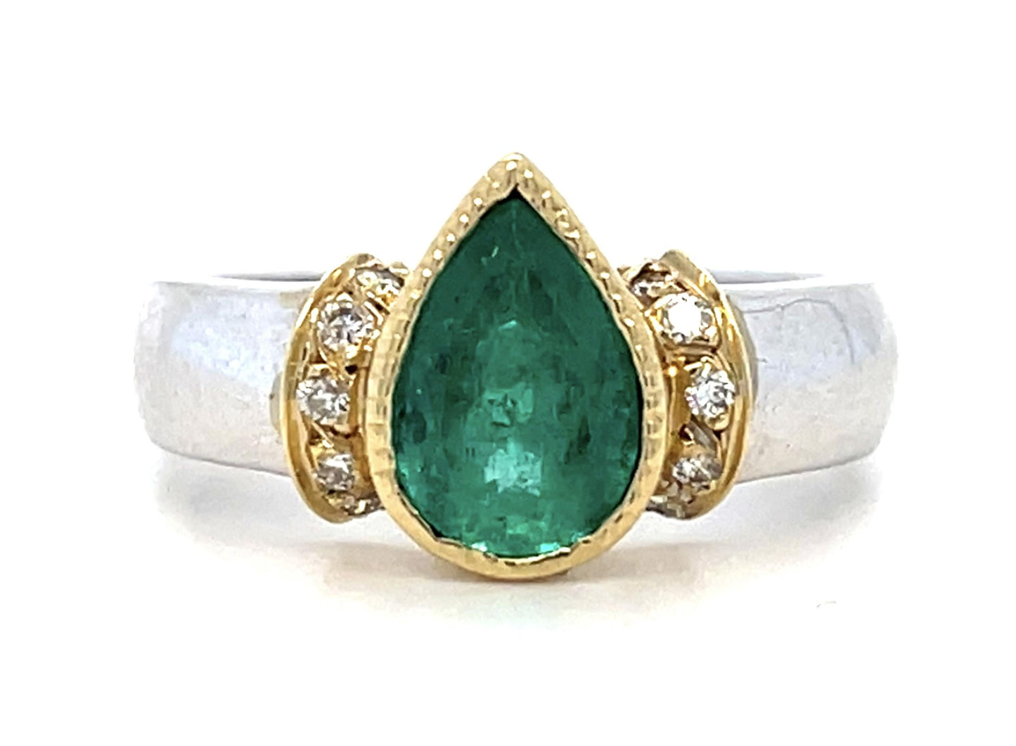 1.45ct Pear Emerald .10ct Diamond 14K 2 Tone Ring 5.30g 6 Size