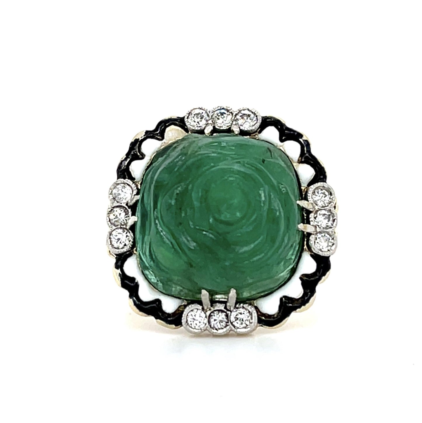 Art Deco 15ct Carved Emerald Vintage 14KY Ring (c 1930s) .50ct Diamonds 6 Size